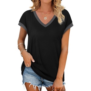 image:imageWIHOLL Womens Summer Tops 2026 Cap Short Sleeve Shirs V Neck T Shirts Fashion Beach Vacation Clothes Color BlockBlack