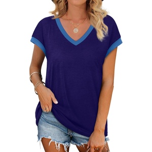 image:imageWIHOLL Womens Summer Tops 2026 Cap Short Sleeve Shirs V Neck T Shirts Fashion Beach Vacation Clothes Color BlockNavy