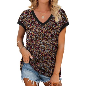 image:imageWIHOLL Womens Summer Tops 2026 Cap Short Sleeve Shirs V Neck T Shirts Fashion Beach Vacation Clothes Color BlockPrint Black Floral