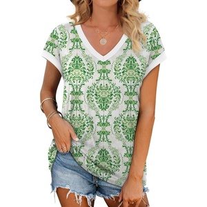 image:imageWIHOLL Womens Summer Tops 2026 Cap Short Sleeve Shirs V Neck T Shirts Fashion Beach Vacation Clothes Color BlockPrint Green