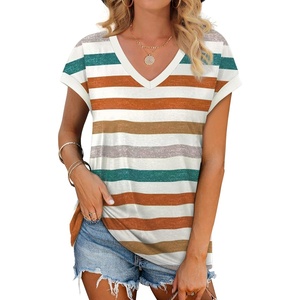 image:imageWIHOLL Womens Summer Tops 2026 Cap Short Sleeve Shirs V Neck T Shirts Fashion Beach Vacation Clothes Color BlockPrint Striped Orange