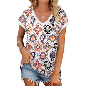 image:imageWIHOLL Womens Summer Tops 2026 Cap Short Sleeve Shirs V Neck T Shirts Fashion Beach Vacation Clothes Color BlockPrint White