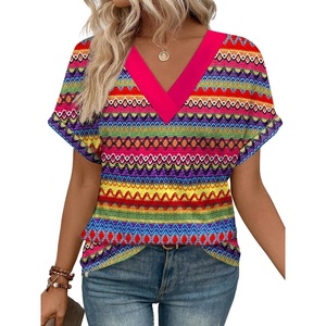image:imageWIHOLL Womens Summer Tops Short Dolman Sleeve Shirts 2026 Fashion V Neck Outfits Clothes2boho Stripes 1
