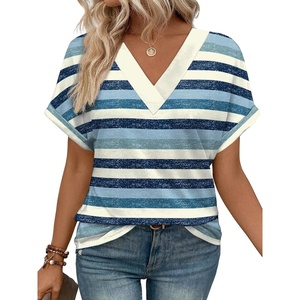 image:imageWIHOLL Womens Summer Tops Short Dolman Sleeve Shirts 2026 Fashion V Neck Outfits Clothes2striped  Blue