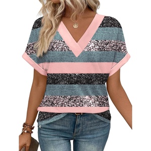 image:imageWIHOLL Womens Summer Tops Short Dolman Sleeve Shirts 2026 Fashion V Neck Outfits Clothes2stripes PinkBlue