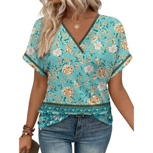 image:imageWIHOLL Womens Summer Tops Short Dolman Sleeve Shirts 2026 Fashion V Neck Outfits Clothes3floral Blue