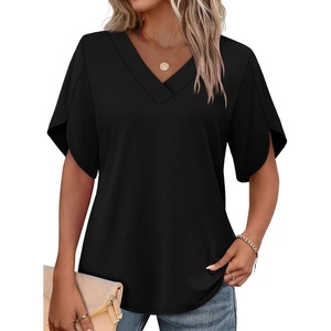 image:imageWIHOLL Womens Summer Tops Short Petal Sleeve Shirts Fashion V Neck Womens Clothing01 Black