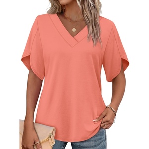 image:imageWIHOLL Womens Summer Tops Short Petal Sleeve Shirts Fashion V Neck Womens Clothing01 Coral