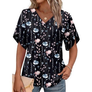 image:imageWIHOLL Womens Summer Tops Short Petal Sleeve Shirts Fashion V Neck Womens ClothingFloral 012