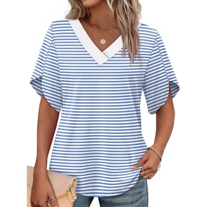 image:imageWIHOLL Womens Summer Tops Short Petal Sleeve Shirts Fashion V Neck Womens ClothingStriped 01