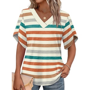 image:imageWIHOLL Womens Summer Tops Short Petal Sleeve Shirts Fashion V Neck Womens ClothingStriped 02
