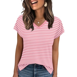 image:imageWIHOLL Womens Tops Basic Summer V Neck T Shirts Short Sleeve Dressy Casual Loose Fit Cute Tee Clothes Trendy Fashion Outfits1pink Stripe