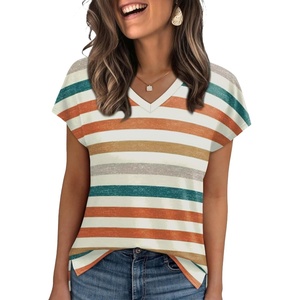 image:imageWIHOLL Womens Tops Basic Summer V Neck T Shirts Short Sleeve Dressy Casual Loose Fit Cute Tee Clothes Trendy Fashion Outfits4orange Striped