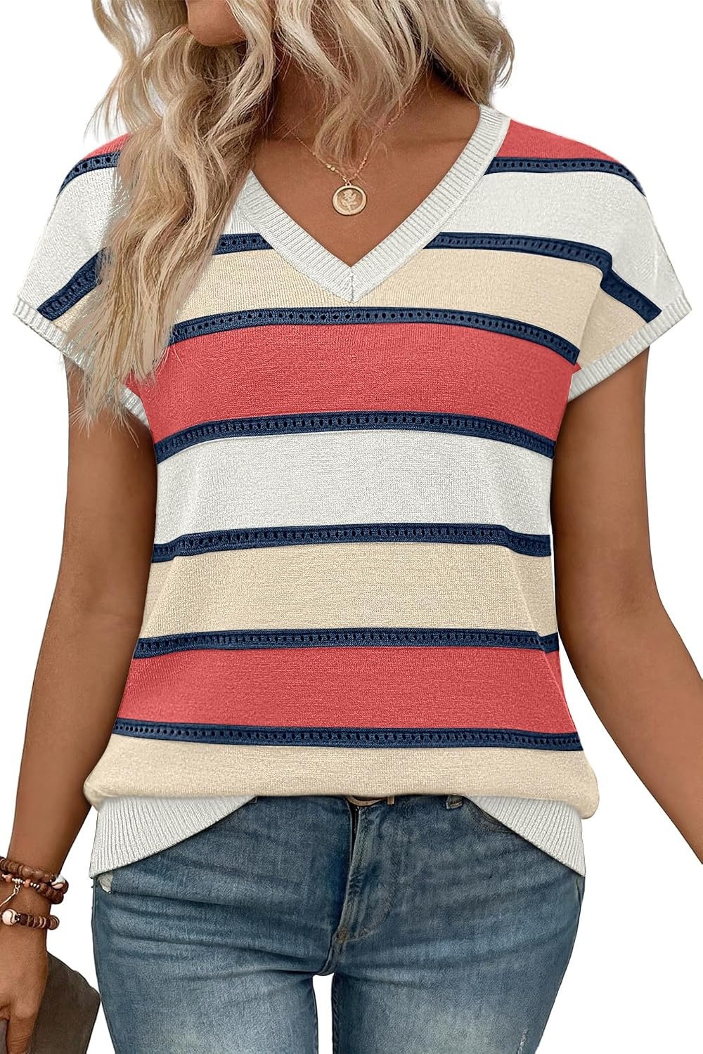 image:imageWIHOLL Short Sleeve Sweater for Women V Neck Trendy Summer Tops 2026 Spring Fashion Clothing Business Casual OutfitsZ  Multicolored Block