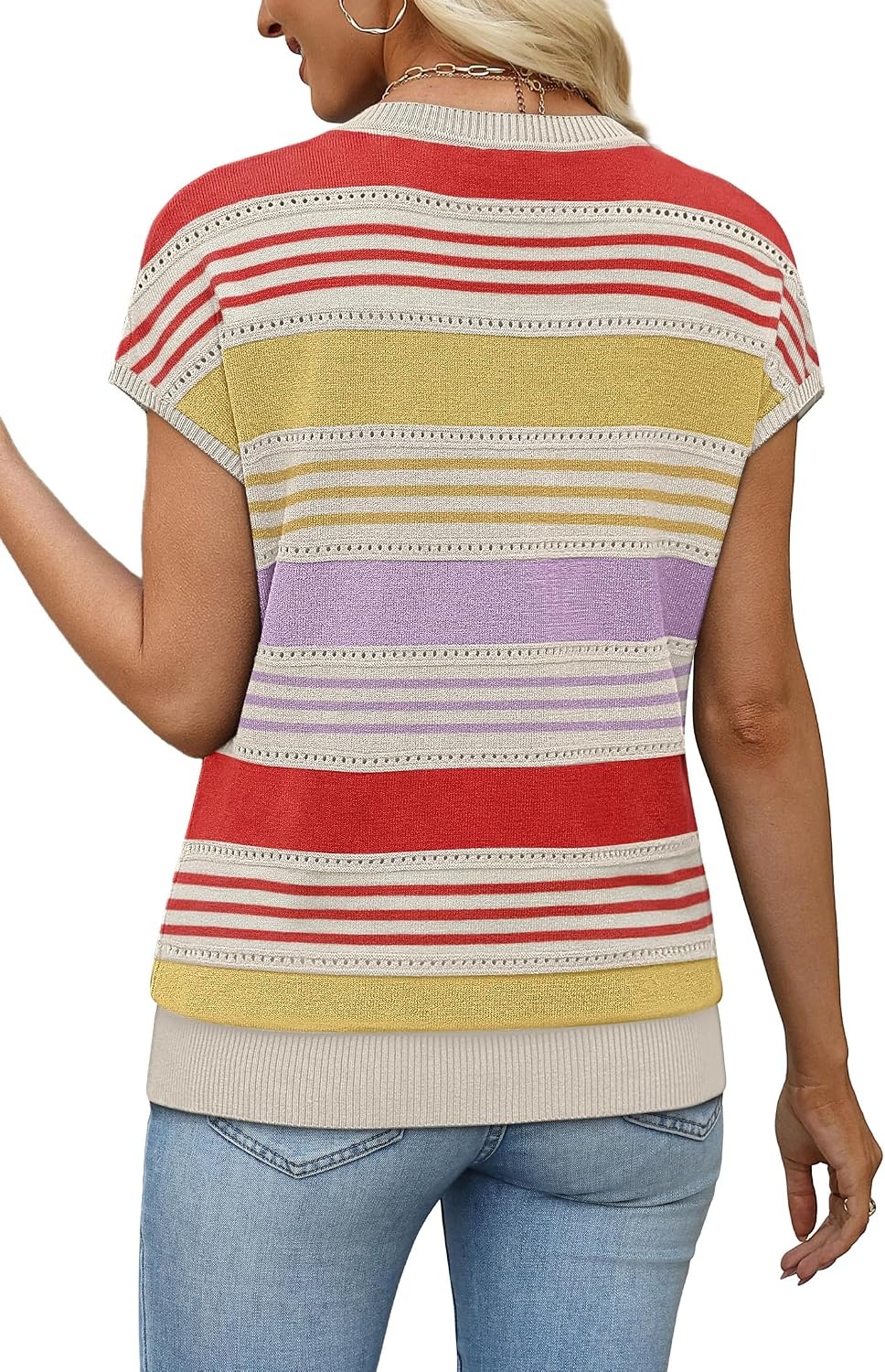 image:imageWIHOLL Short Sleeve Sweater for Women V Neck Trendy Summer Tops 2026 Spring Fashion Clothing Business Casual OutfitsZ  Multicolored Stripes