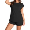 image:imageWIHOLL 2 Piece Sets for Women Casual Summer Travel Vacation Outfits Cap Sleeve Shorts Lounge SetBlack