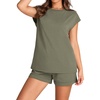image:imageWIHOLL 2 Piece Sets for Women Casual Summer Travel Vacation Outfits Cap Sleeve Shorts Lounge SetGreen