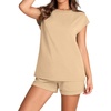 image:imageWIHOLL 2 Piece Sets for Women Casual Summer Travel Vacation Outfits Cap Sleeve Shorts Lounge SetKhaki