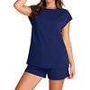 image:imageWIHOLL 2 Piece Sets for Women Casual Summer Travel Vacation Outfits Cap Sleeve Shorts Lounge SetNavy Blue