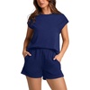 image:imageWIHOLL 2 Piece Sets for Women Casual Summer Travel Vacation Outfits Cap Sleeve Shorts Lounge SetNavy Blue