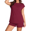 image:imageWIHOLL 2 Piece Sets for Women Casual Summer Travel Vacation Outfits Cap Sleeve Shorts Lounge SetWine