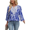 image:imageWIHOLL 34 Length Sleeve Womens Tops Boho V Neck Lace Shirt Trendy Blouses Dressy Casual Vacation Clothes S3XL02  Blue Tribal White Floral
