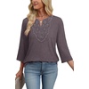 image:imageWIHOLL 34 Length Sleeve Womens Tops Boho V Neck Lace Shirt Trendy Blouses Dressy Casual Vacation Clothes S3XL05  Mocha Grey Purple