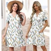 image:imageWIHOLL Summer Dresses for Women Casual V Neck Wedding Guest Dress Hawaiian Midi Dress Fashion Beach Vacation Clothes2leaf Print