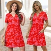 image:imageWIHOLL Summer Dresses for Women Casual V Neck Wedding Guest Dress Hawaiian Midi Dress Fashion Beach Vacation ClothesFloral Magenta