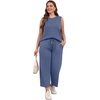 image:imageWIHOLL Two Piece Set for Women Summer Outfits Vacation Lounge Sets Round Neck Matching Sets Wide Leg Crop PantsBlue