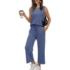 image:imageWIHOLL Two Piece Set for Women Summer Outfits Vacation Lounge Sets Round Neck Matching Sets Wide Leg Crop PantsBlue