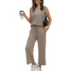 image:imageWIHOLL Two Piece Set for Women Summer Outfits Vacation Lounge Sets Round Neck Matching Sets Wide Leg Crop PantsCoffee