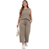 image:imageWIHOLL Two Piece Set for Women Summer Outfits Vacation Lounge Sets Round Neck Matching Sets Wide Leg Crop PantsCoffee