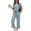 image:imageWIHOLL Two Piece Set for Women Summer Outfits Vacation Lounge Sets Round Neck Matching Sets Wide Leg Crop PantsLight Blue