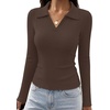 image:imageWIHOLL Womens Long Sleeve Shirts Collared Neck Business Casual Fitted TopsAchocolate Brown