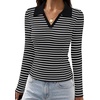 image:imageWIHOLL Womens Long Sleeve Shirts Collared Neck Business Casual Fitted TopsBblackwhite Striped