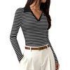 image:imageWIHOLL Womens Long Sleeve Shirts Collared Neck Business Casual Fitted TopsBblackwhite Striped