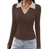 image:imageWIHOLL Womens Long Sleeve Shirts Collared Neck Business Casual Fitted TopsCchocolate Brownapricot