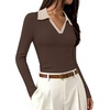 image:imageWIHOLL Womens Long Sleeve Shirts Collared Neck Business Casual Fitted TopsCchocolate Brownapricot