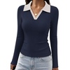 image:imageWIHOLL Womens Long Sleeve Shirts Collared Neck Business Casual Fitted TopsCnavy Bluewhite