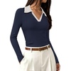 image:imageWIHOLL Womens Long Sleeve Shirts Collared Neck Business Casual Fitted TopsCnavy Bluewhite
