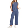 image:imageWIHOLL Two Piece Set for Women Summer Outfits Vacation Lounge Sets Round Neck Matching Sets Wide Leg Crop PantsBlue