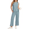 image:imageWIHOLL Two Piece Set for Women Summer Outfits Vacation Lounge Sets Round Neck Matching Sets Wide Leg Crop PantsLight Blue