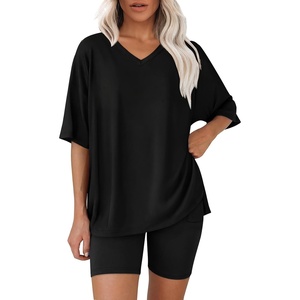 image:imageWIHOLL 2 Piece Lounge Sets for Women Summer Oversized Tshirts Biker Shorts Casual Airport Vacation OutfitsBlack
