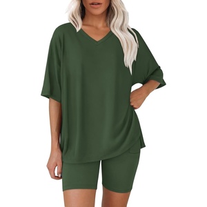 image:imageWIHOLL 2 Piece Lounge Sets for Women Summer Oversized Tshirts Biker Shorts Casual Airport Vacation OutfitsGreen
