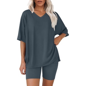image:imageWIHOLL 2 Piece Lounge Sets for Women Summer Oversized Tshirts Biker Shorts Casual Airport Vacation OutfitsGrey Blue