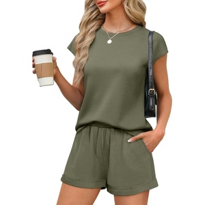 image:imageWIHOLL 2 Piece Sets for Women Casual Summer Travel Vacation Outfits Cap Sleeve Shorts Lounge SetGreen