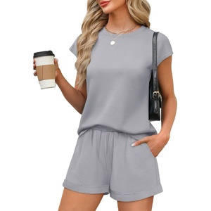 image:imageWIHOLL 2 Piece Sets for Women Casual Summer Travel Vacation Outfits Cap Sleeve Shorts Lounge SetGrey