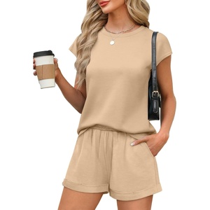 image:imageWIHOLL 2 Piece Sets for Women Casual Summer Travel Vacation Outfits Cap Sleeve Shorts Lounge SetKhaki