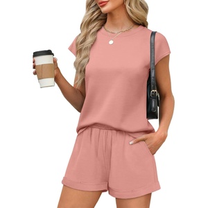 image:imageWIHOLL 2 Piece Sets for Women Casual Summer Travel Vacation Outfits Cap Sleeve Shorts Lounge SetPink